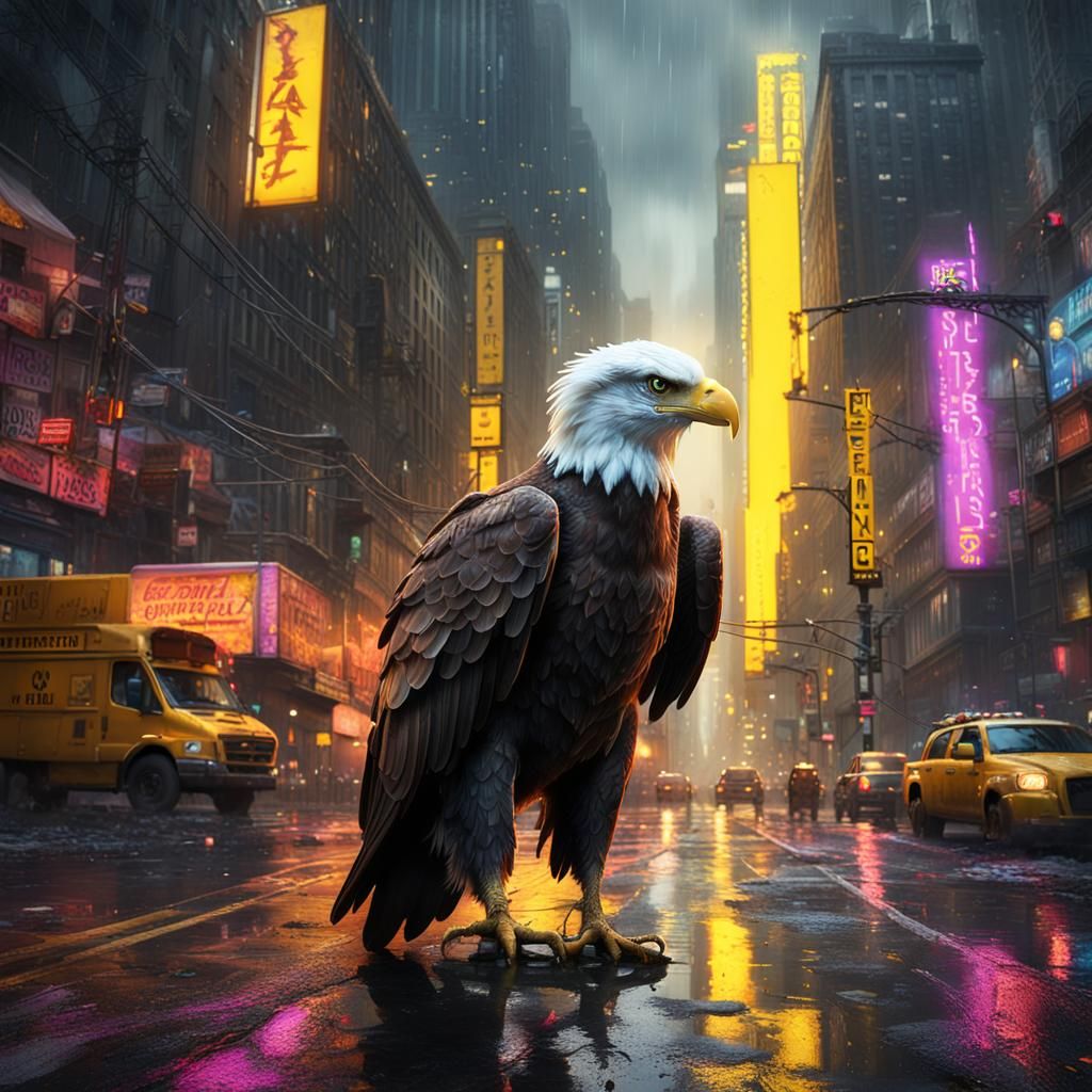 Neon Post-Apocalyptic Eagle in Impressionist Manhattan