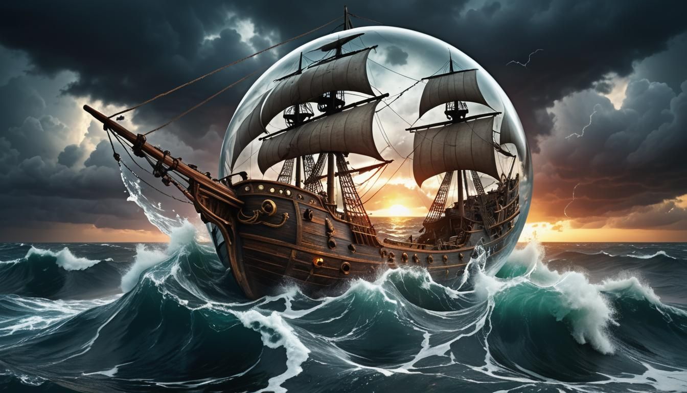 A Pirate ship traped in glass ball.