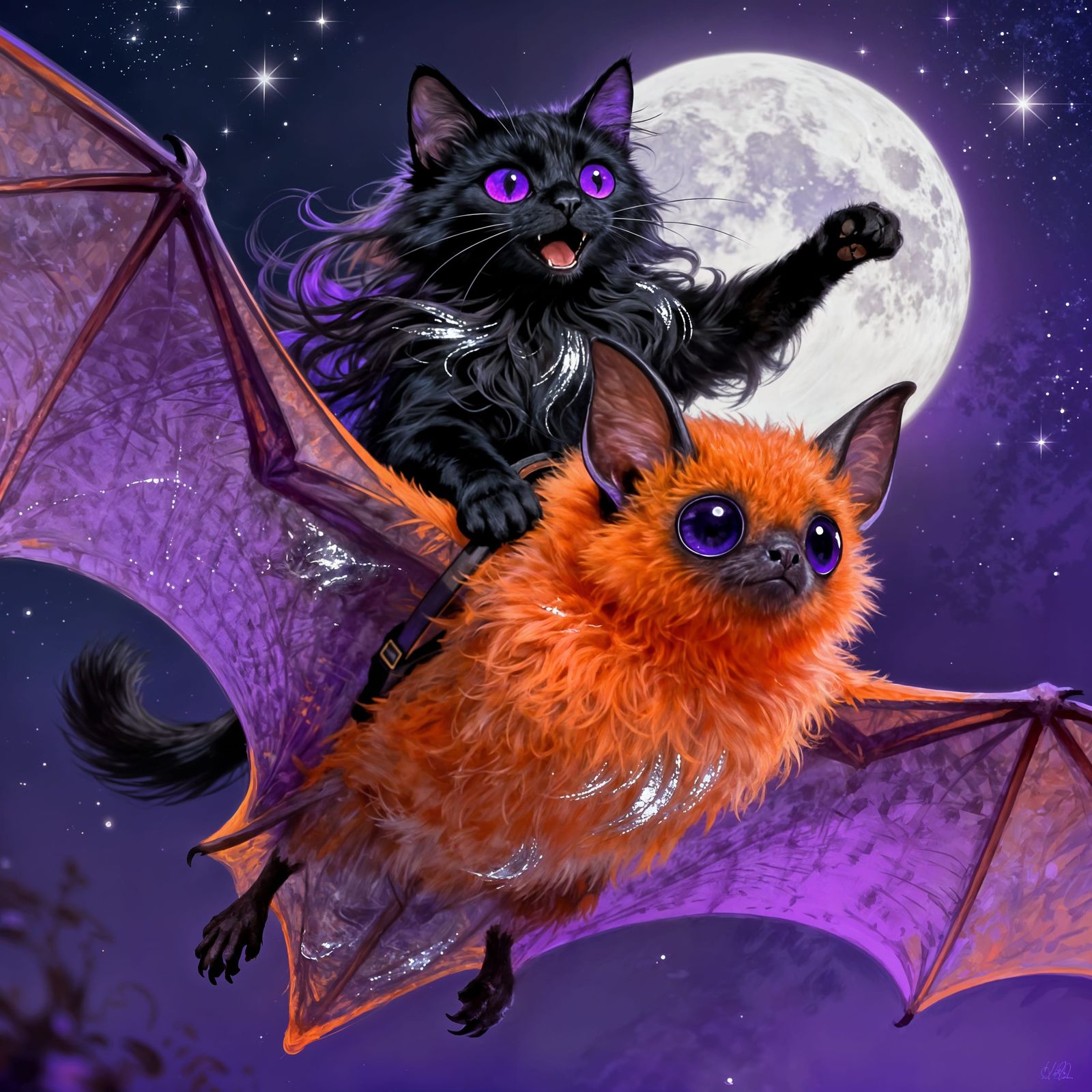 Excited Black Cat Rides Giant Flying Bat Under Moonlight