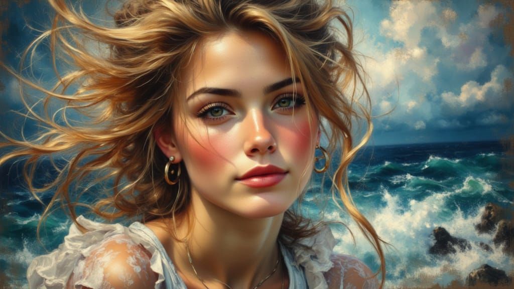 Stormy Seaside Portrait of Adventurous Woman