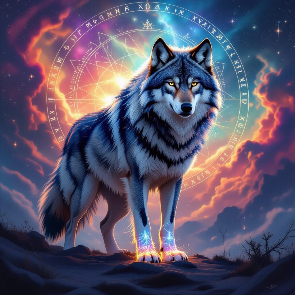 Cosmic Wolf in Nebula with Ethereal Runes