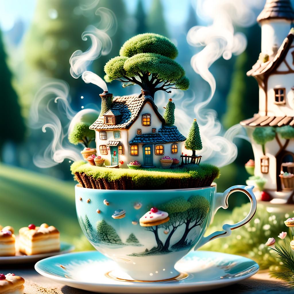 Fantasy Village in Teacup: Whimsical Digital Art