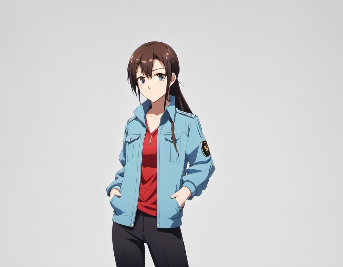 Anime Girl with Brown Hair in Blue Jacket