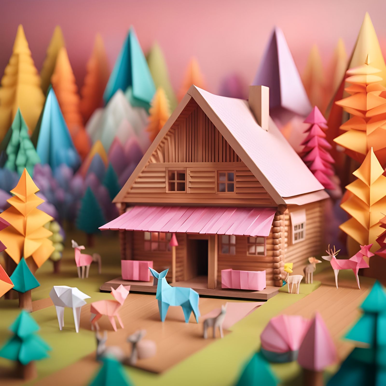 Pastel Mountain Cabin Surrounded by Origami Forest