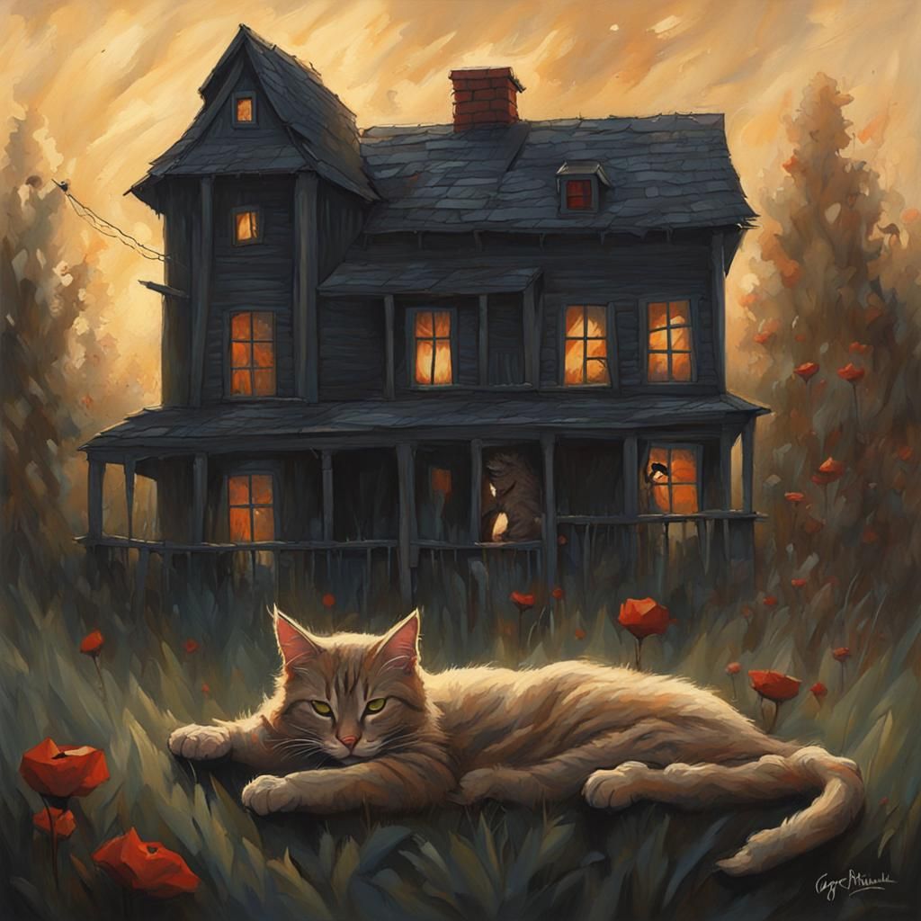 Sinister Tabby Cat in Dark House