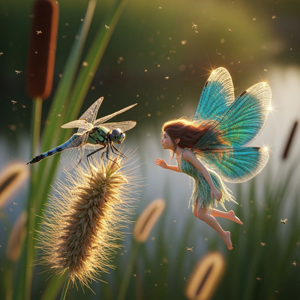Fairy and Dragonfly Meeting in Golden Light