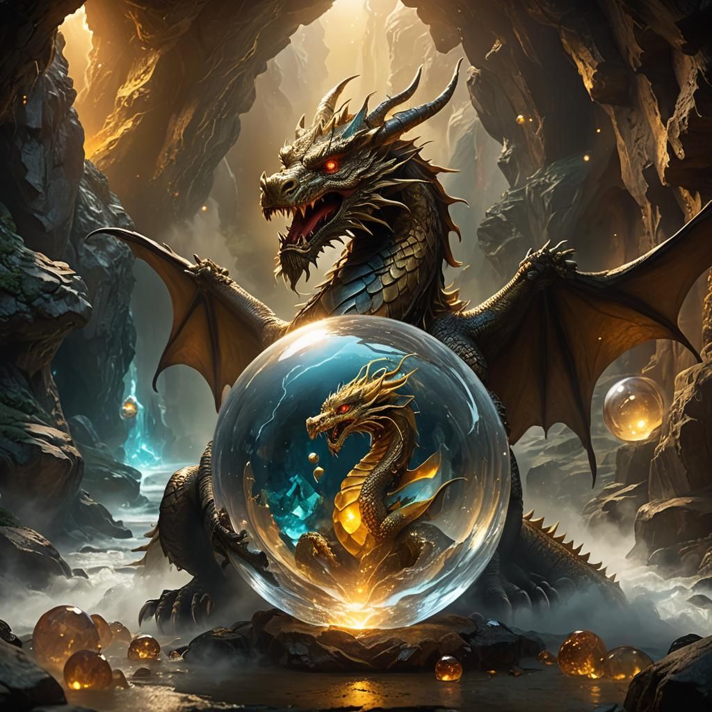 Dragon Gazing into Crystal Ball in Gold Cave