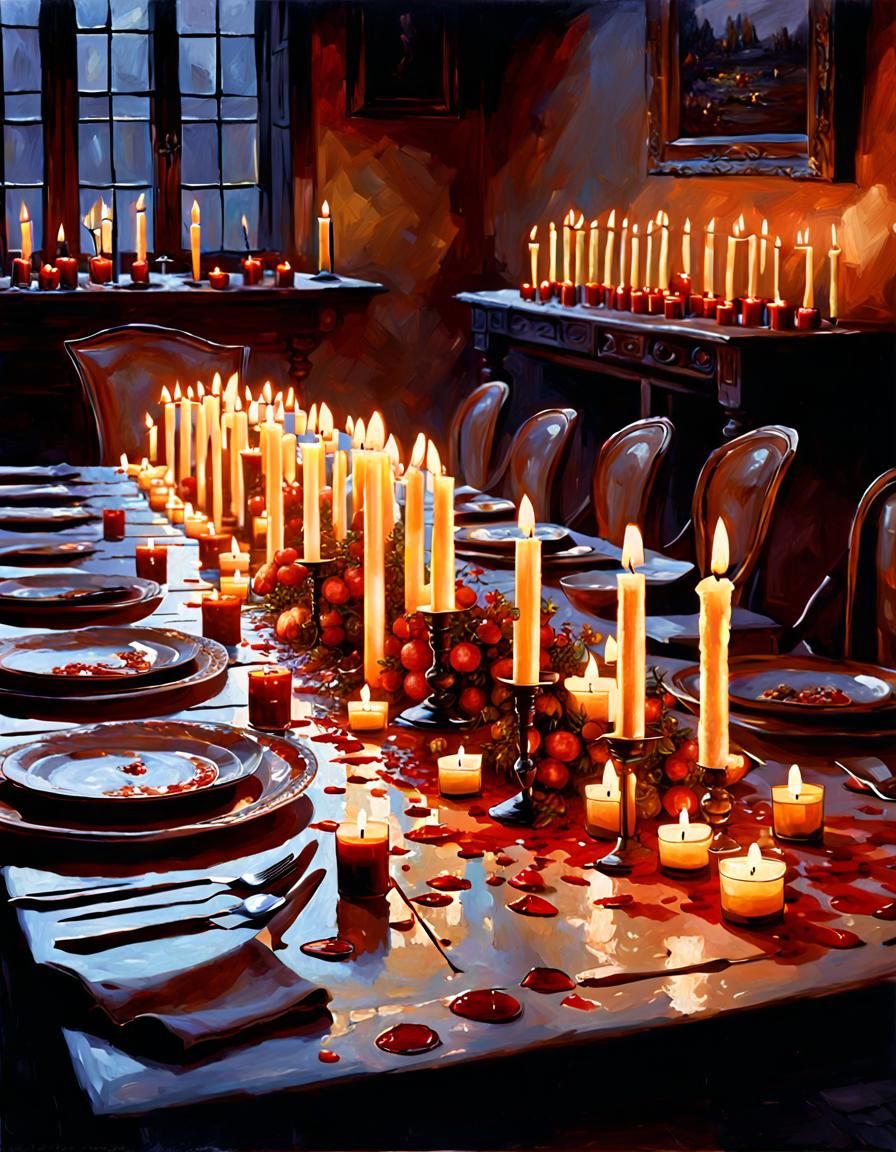 Romantic Candlelit Dinner in Oil Painting Style
