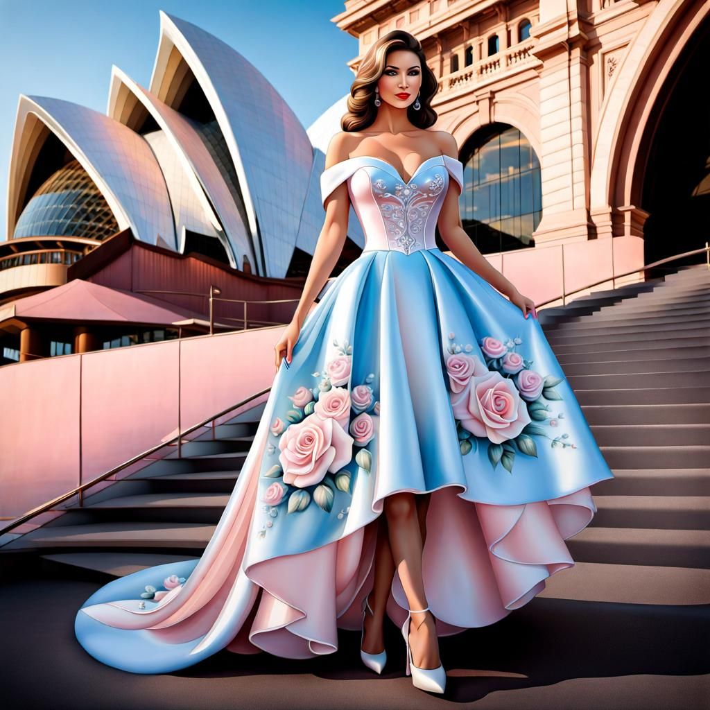 Woman in Pink Dress Arrives at Opera House