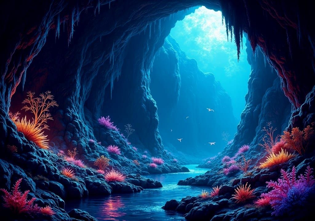 Bioluminescent Coral Cave in Watercolor Style