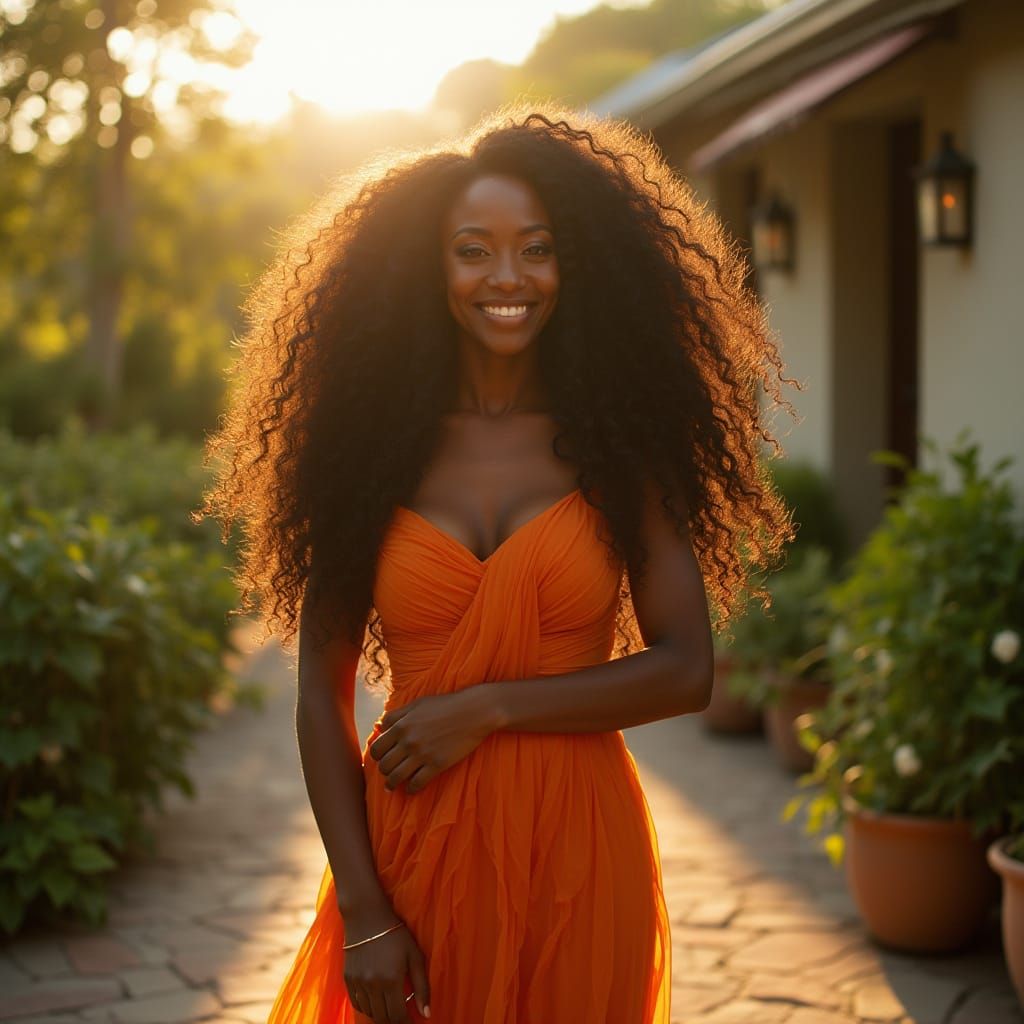 Poised Black Woman Radiating Joy in Golden Light