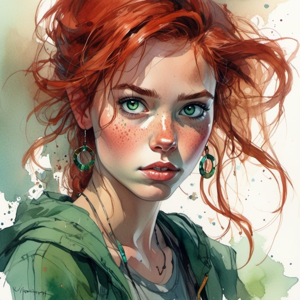 Watercolor Painting of a Red-Haired Woman