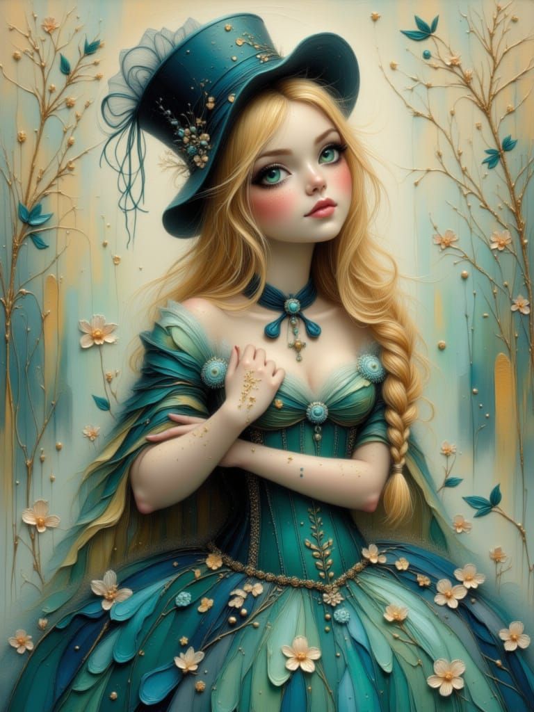 Beautiful Woman in Teal Corset Dress with Floral Embroidery