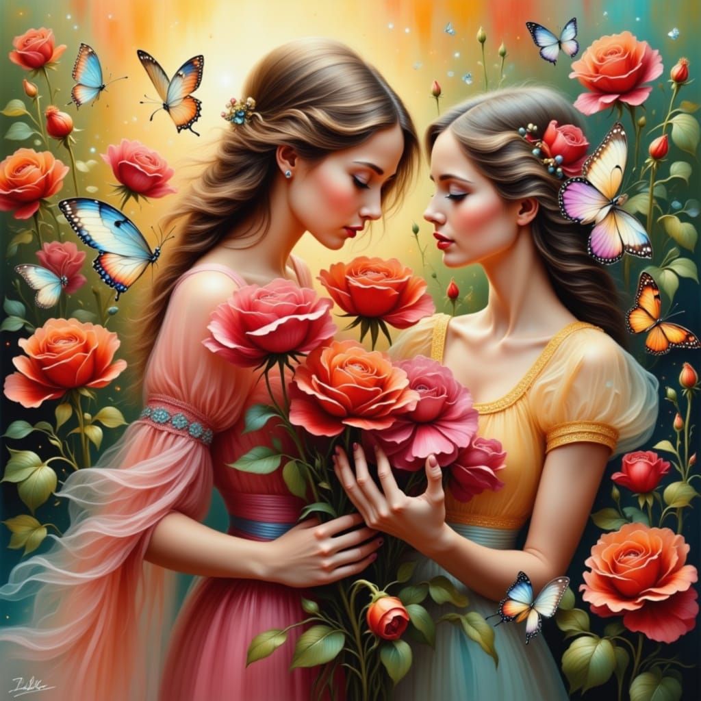 Roses and Butterflies in Whimsical Nature Scene