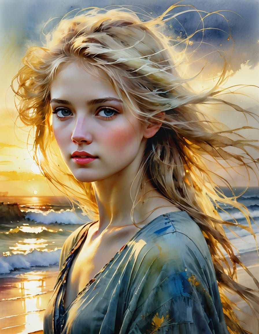 Watercolor Portrait of Woman on Shoreline at Sunset