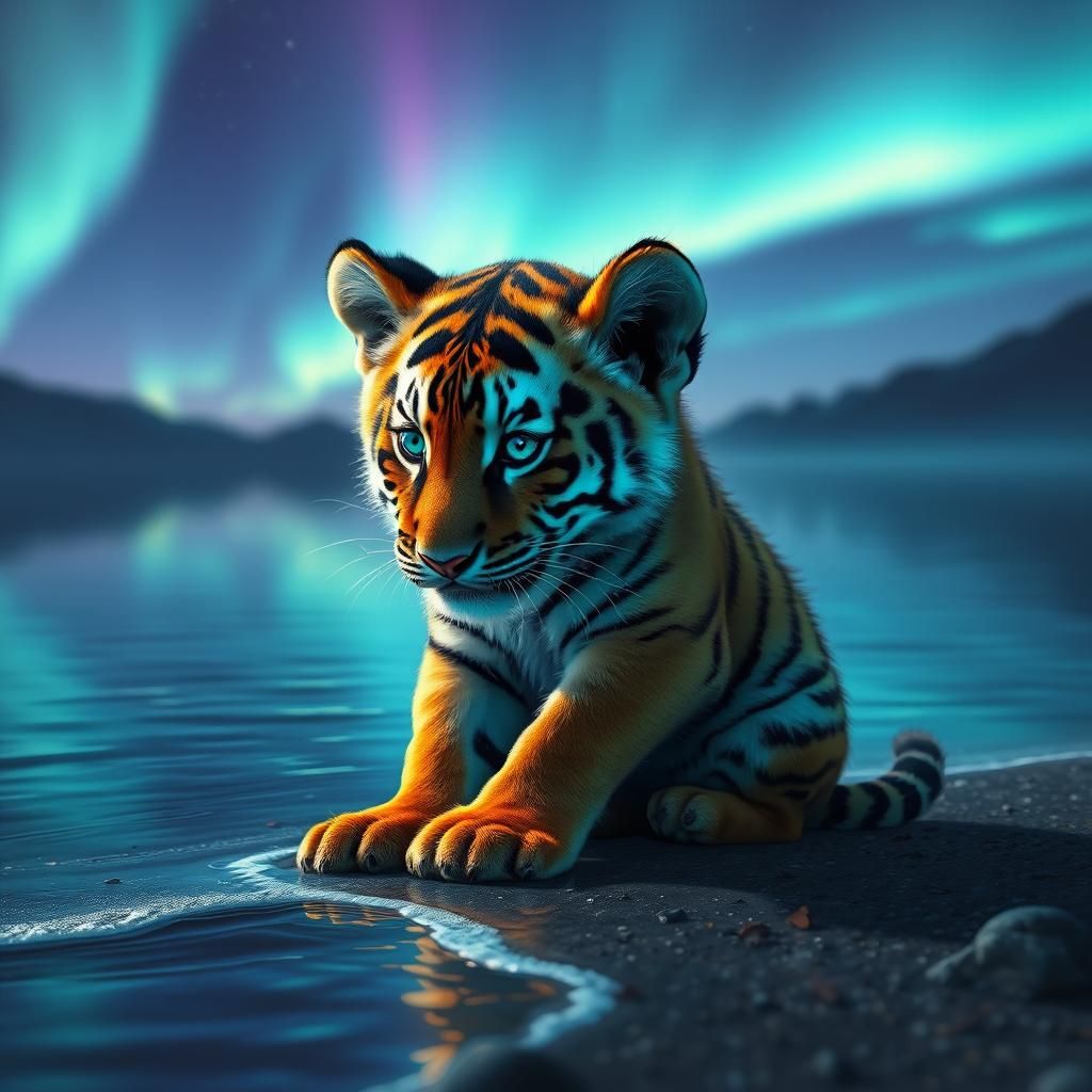 Tiger Cub at Aurora Lake in Digital Art Style