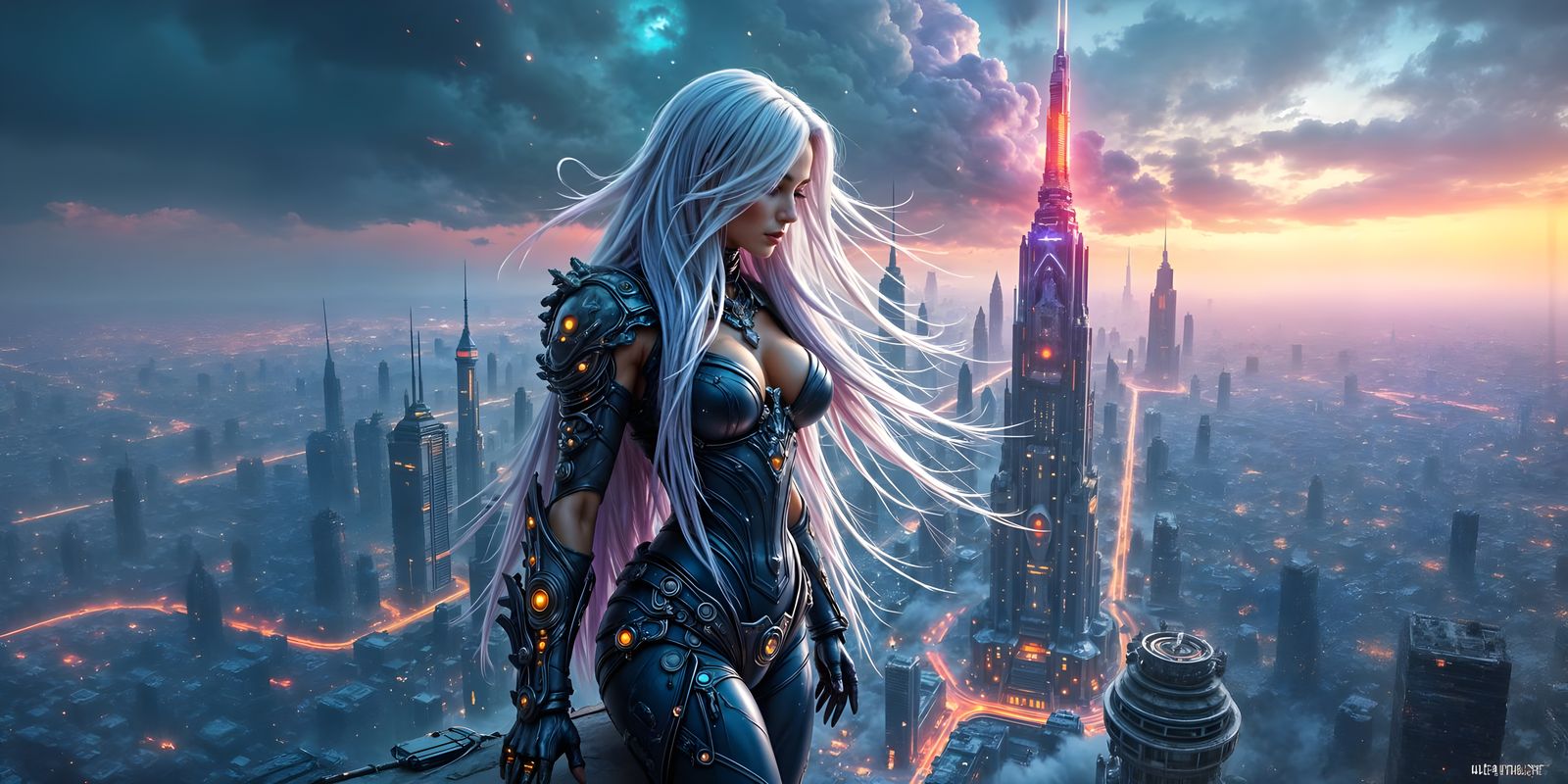 Cyberpunk Huntress in Neo-Art Nouveau Style