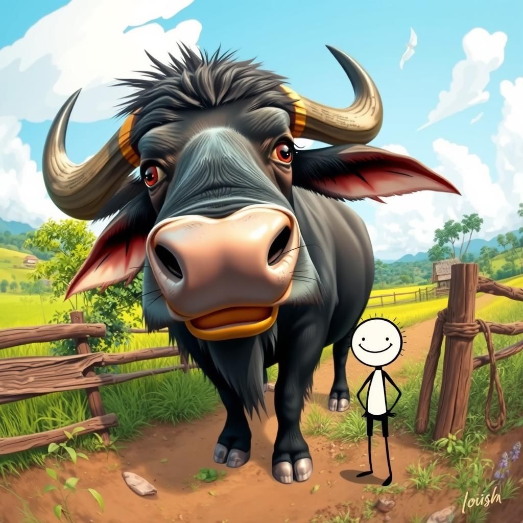 Comical Buffalo Chat in Vibrant Rural Landscape