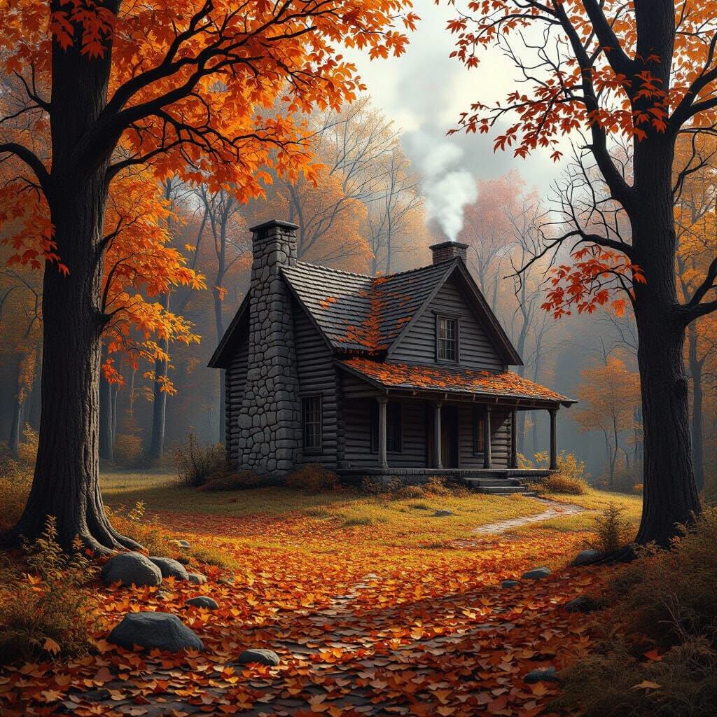 Rustic Cabin on a Crisp Autumn Day Painting