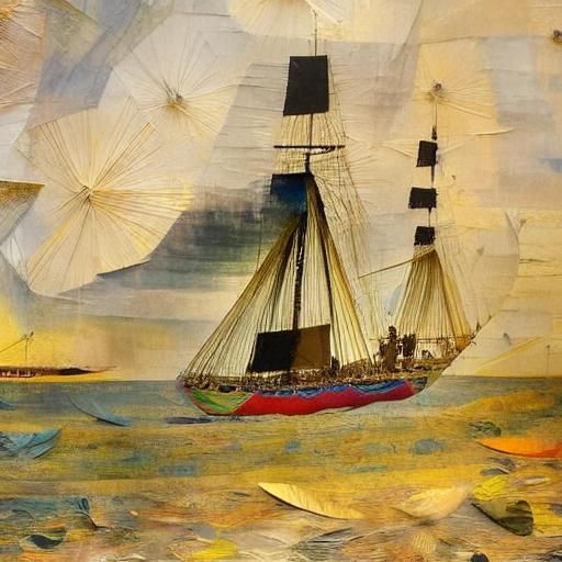 Chinese Sailing Boat at Sunrise in Art Collage Style