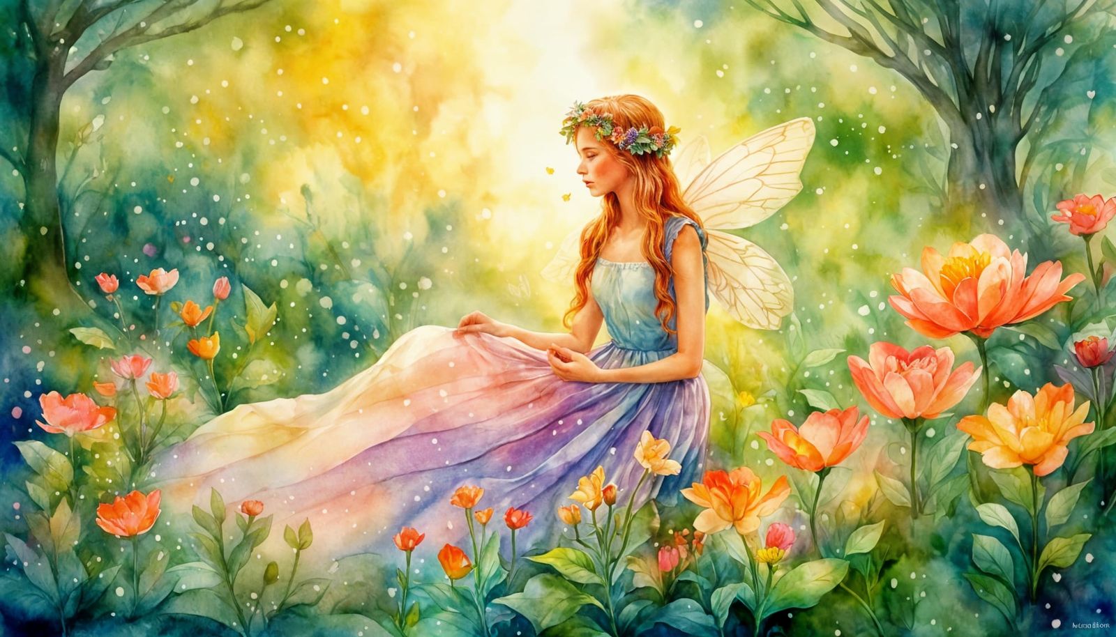 Flower Fairy at Garden Bottom in Watercolour Style
