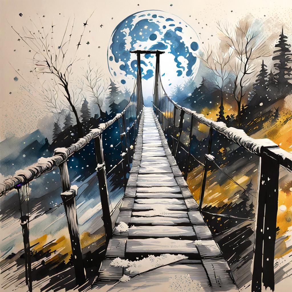 Snowy Rope Bridge: Hyperrealistic Digital Landscape