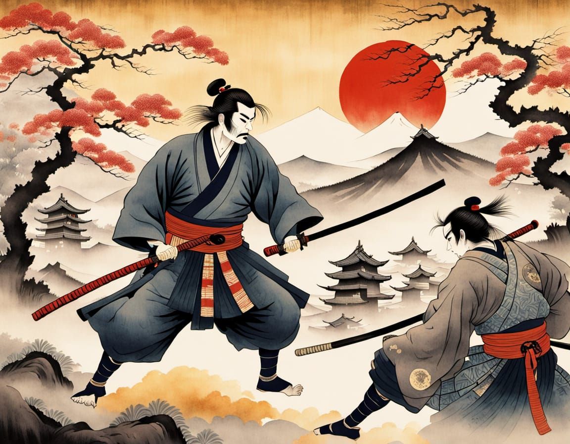 Samurai Battles Yokai in Ukiyo-e Japanese Village