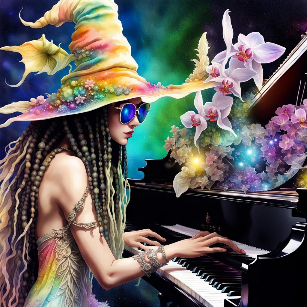 Magical Wizard and Witch Play Piano in Watercolor