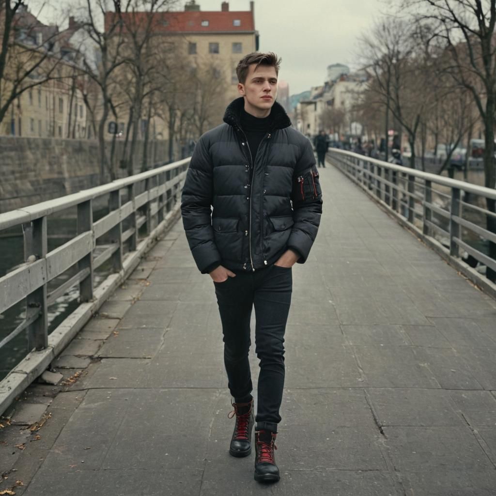 Confident Man Walks on Bridge in Golden Hour