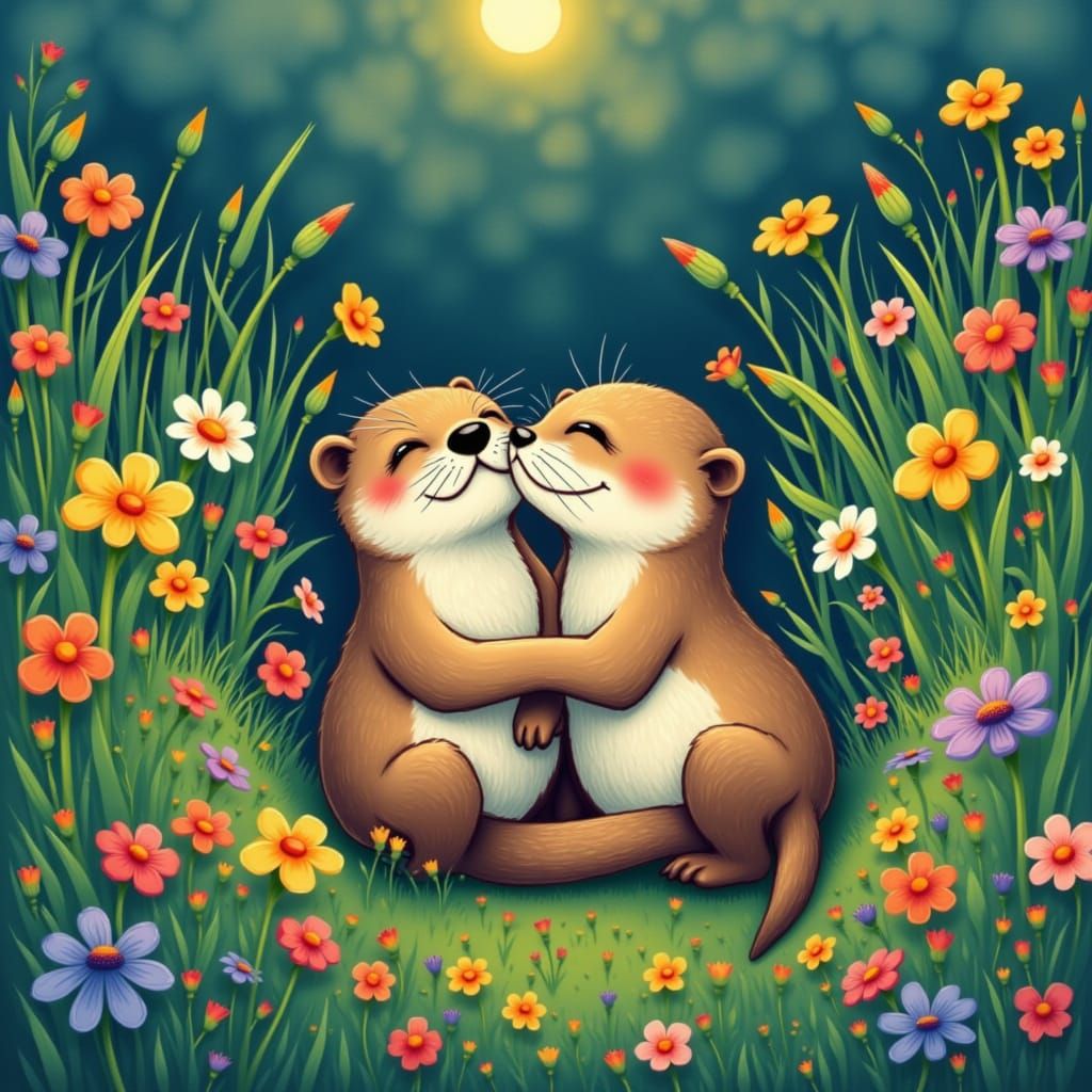 Whimsical Otter Couple in a Vibrant Meadow