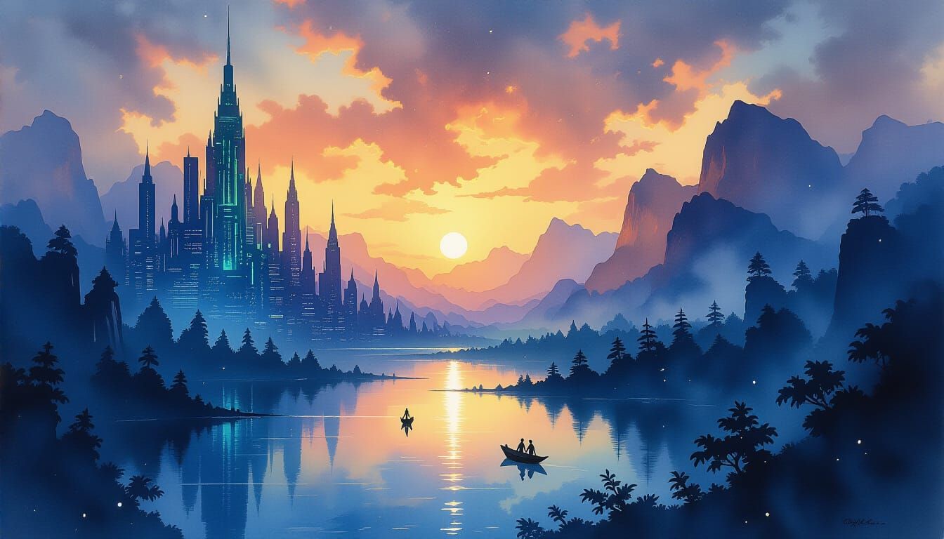 Bioluminescent Cyberpunk Landscape in Watercolor Style