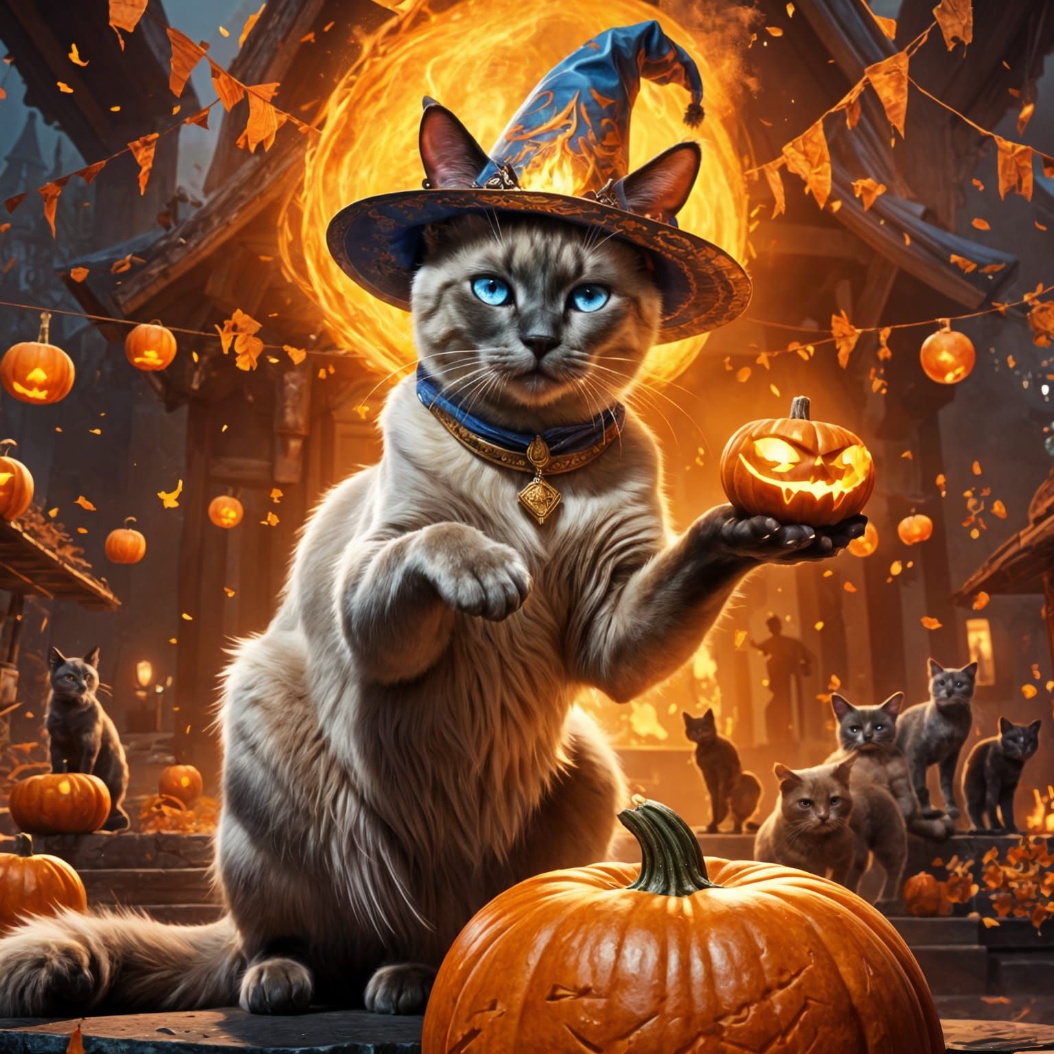 Siamese Cat Wizard with Flaming Pumpkin, 3D Render