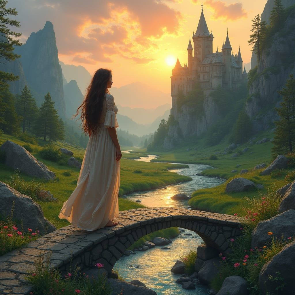 Woman on Bridge Over River Near Gothic Castle at Sunset