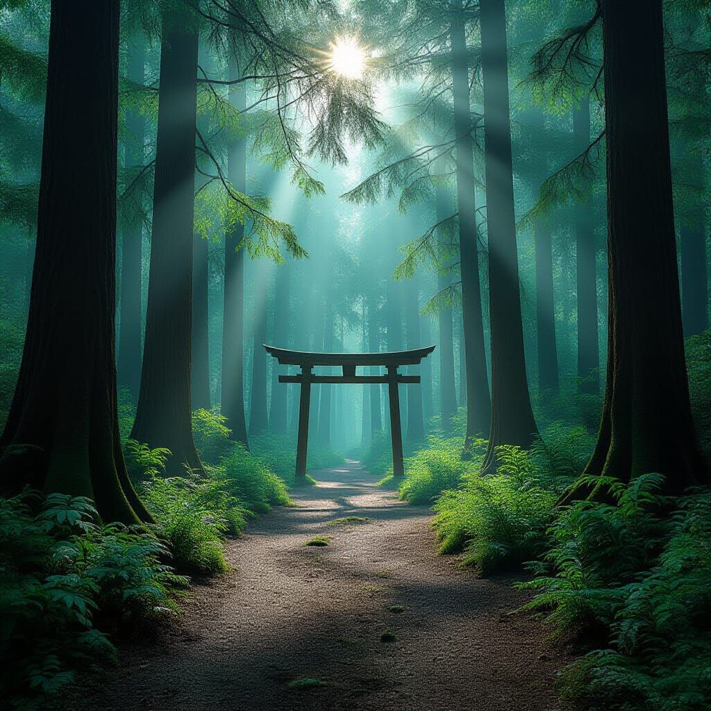 Sunlit Forest Path with Torii Gate After Rain