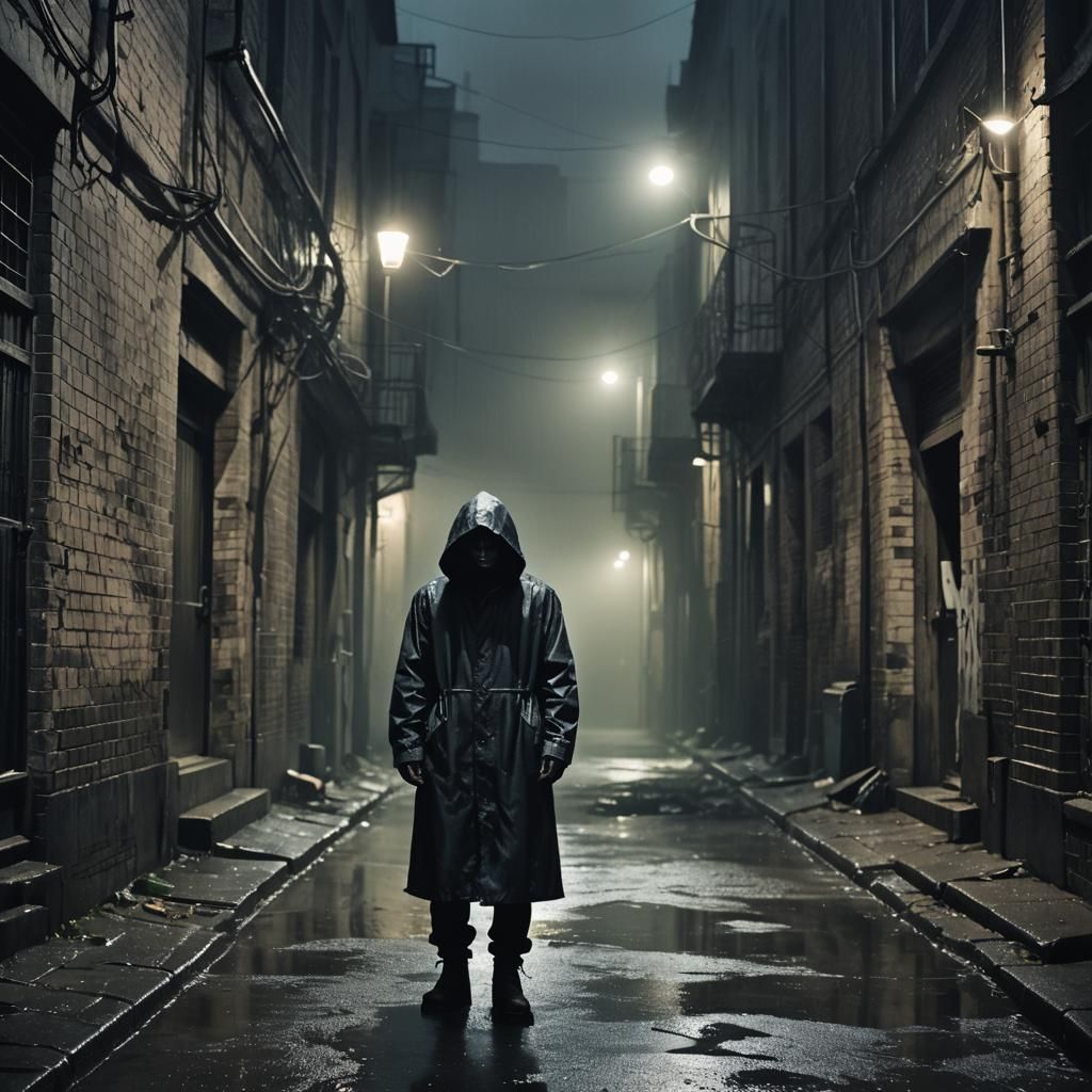 Ominous Hooded Figure in Gothic Horror Alleyway