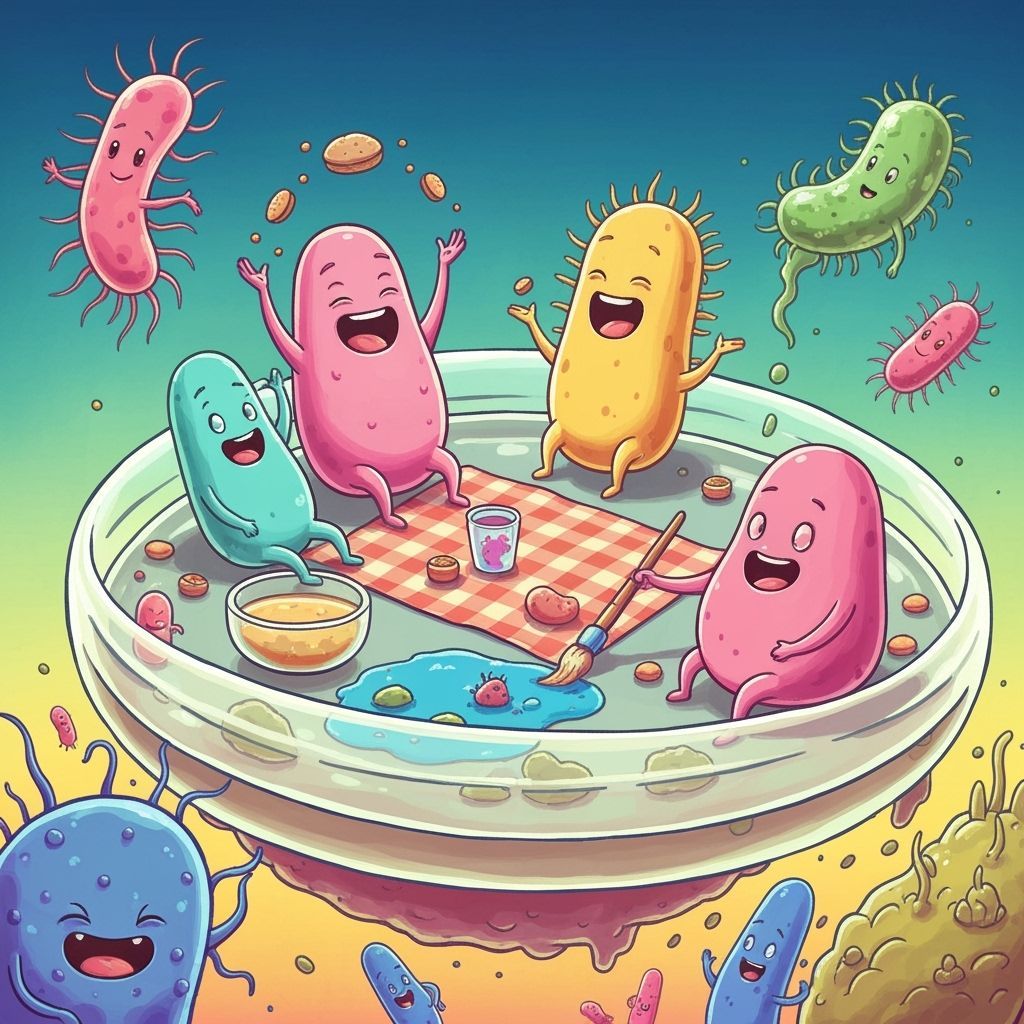 Whimsical Bacteria Picnic on Floating Petri Dish