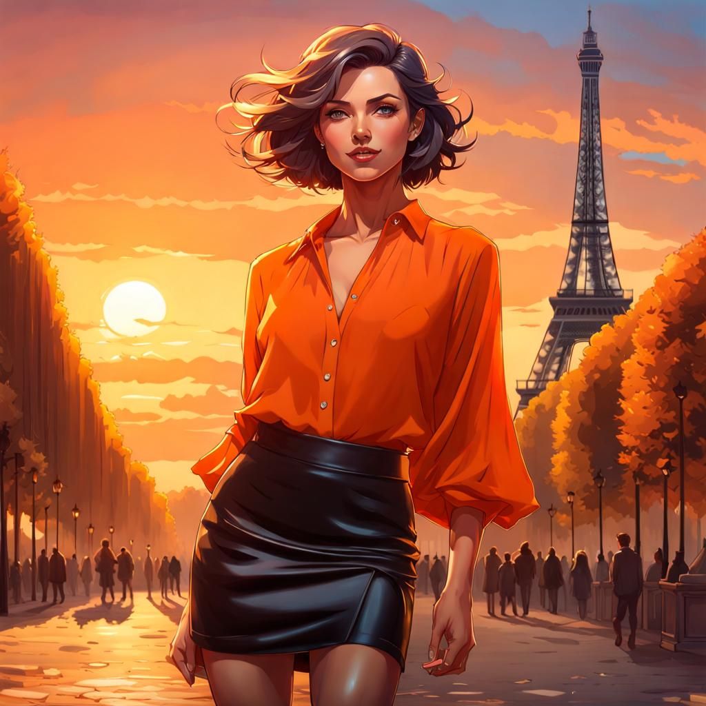 Girl in Orange at Paris Sunset: Artgerm Style