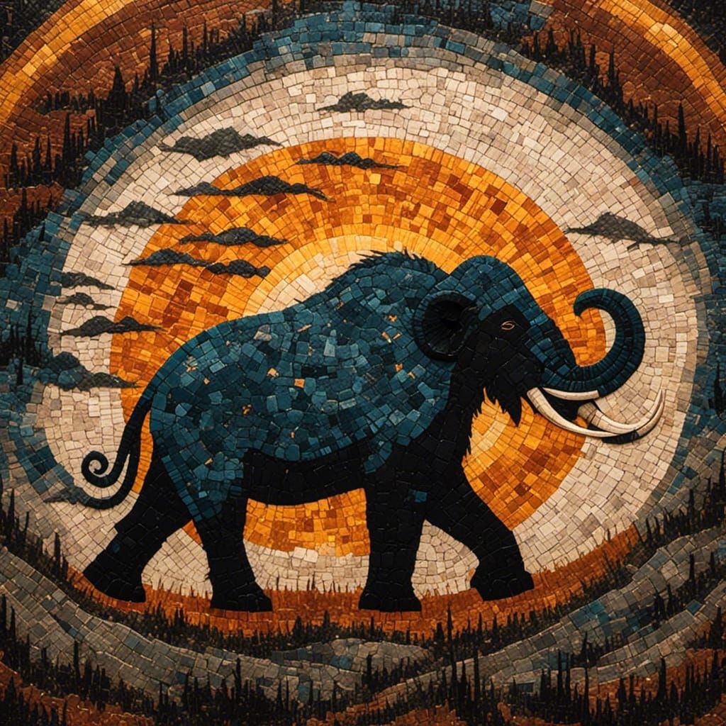 Woolly Mammoth Silhouette with Tiled Sun