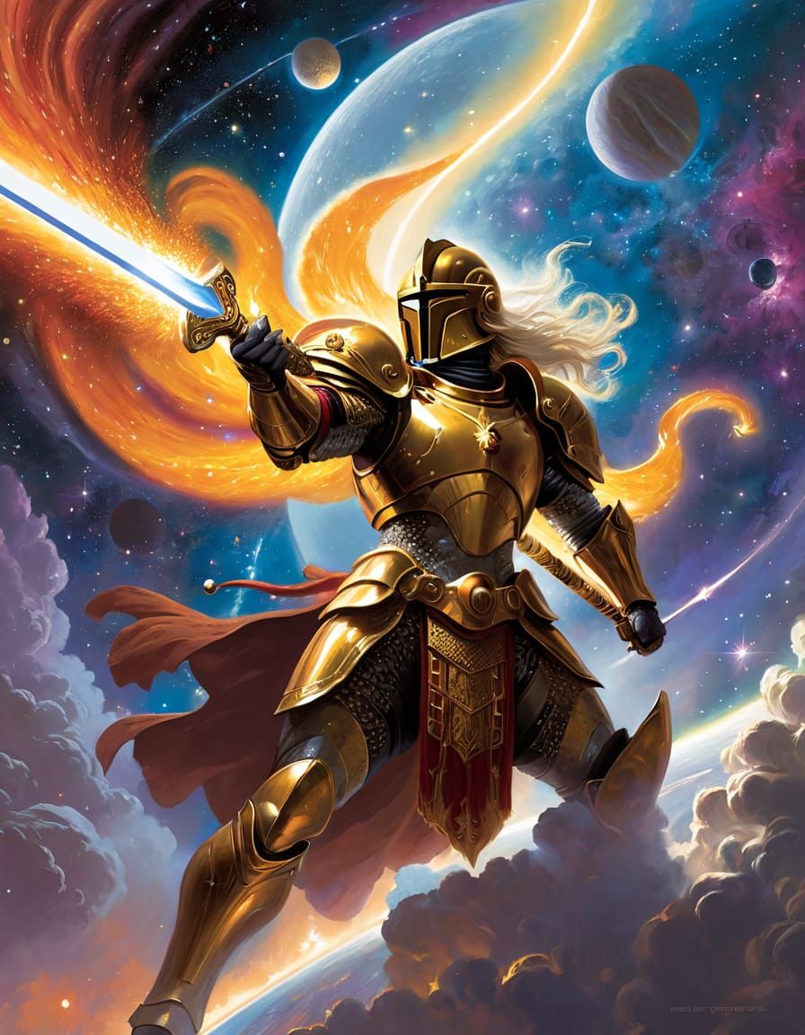 Celestial Warrior Wielding Flaming Sword in Space Opera Styl...