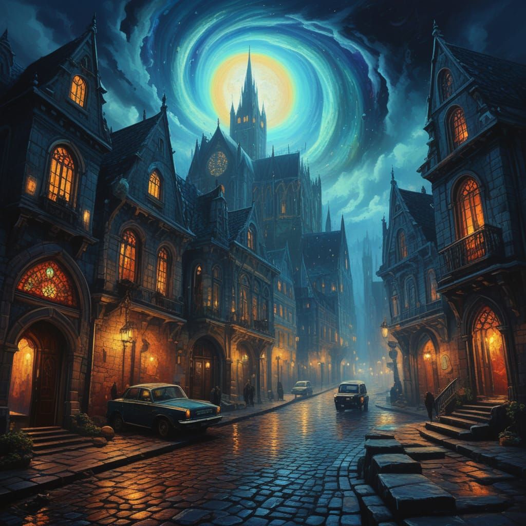 Gothic City on Slumbering Beast in Psychedelic Sky