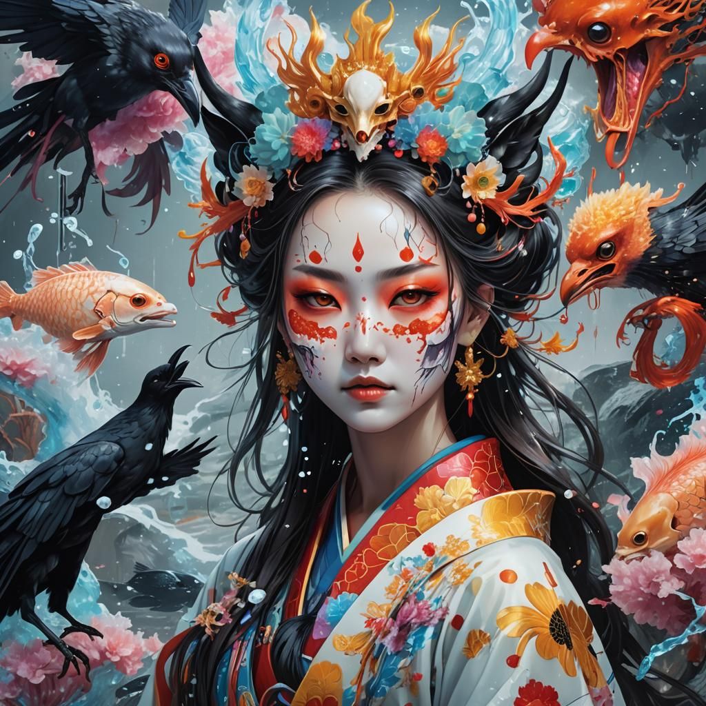 Goddess in Ram Skull Crown and Kitsune Mask