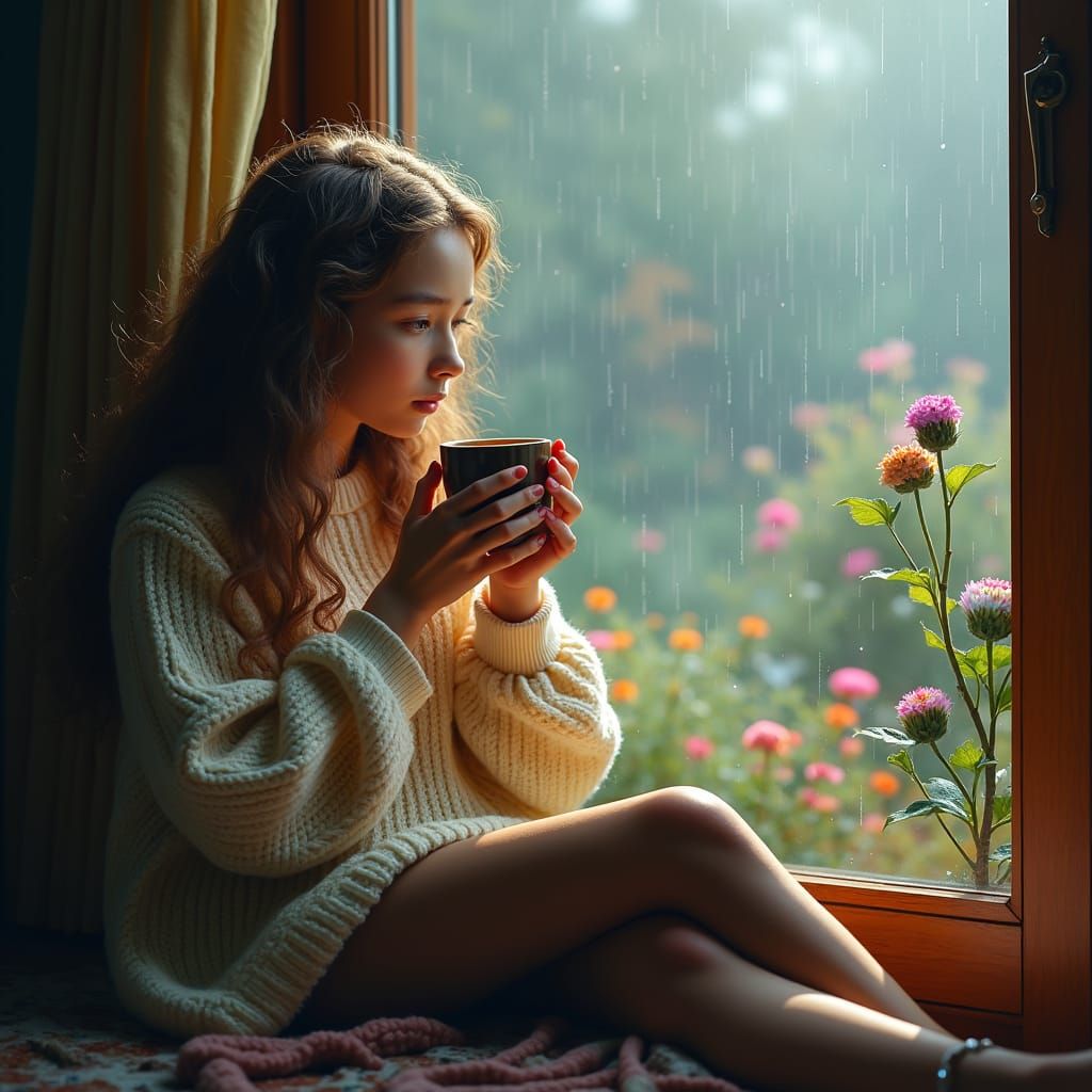 Girl Gazing at Misty Forest, Digital Matte Painting