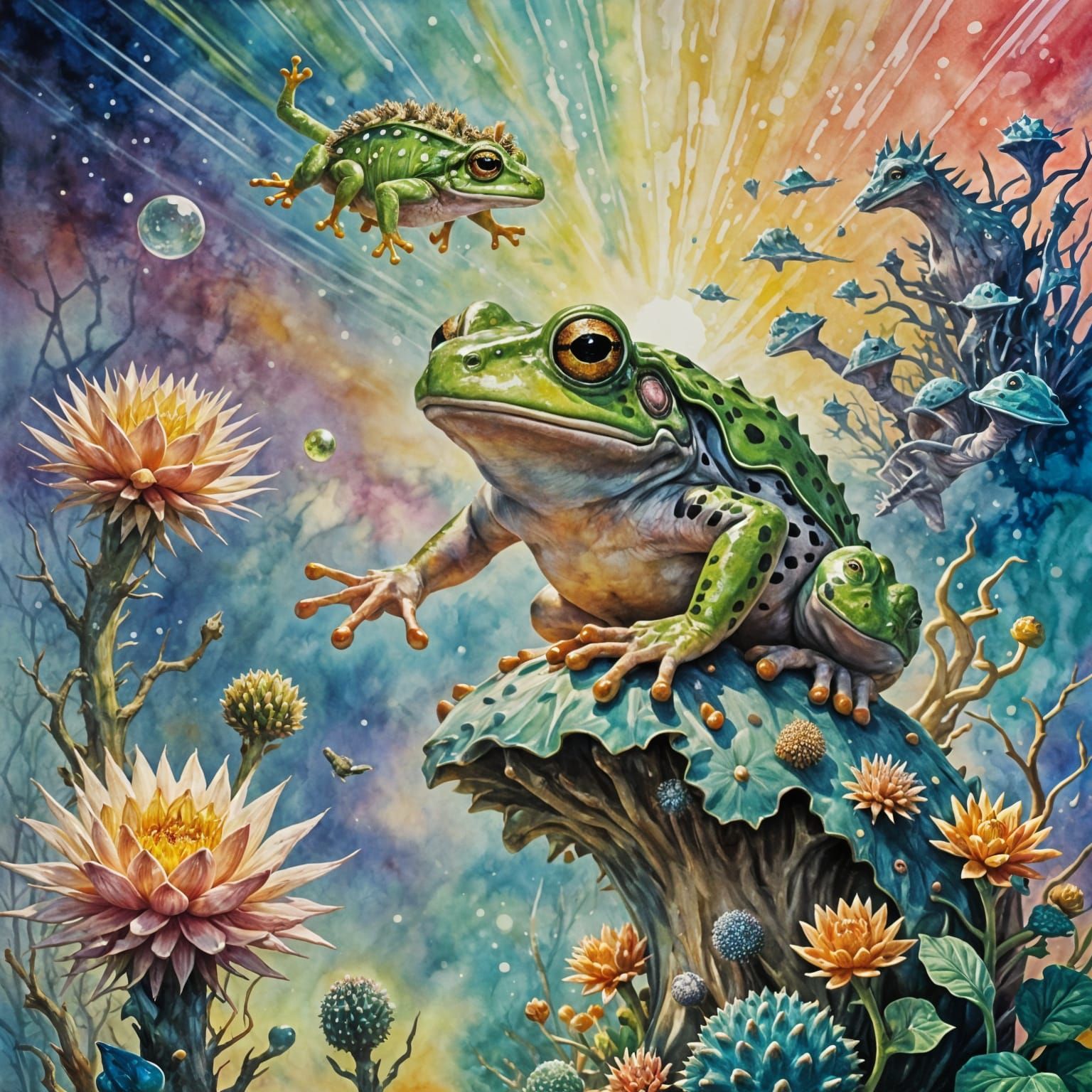 Radiant Frog Soaring Above a Hedgehog: Surreal Mixed Media