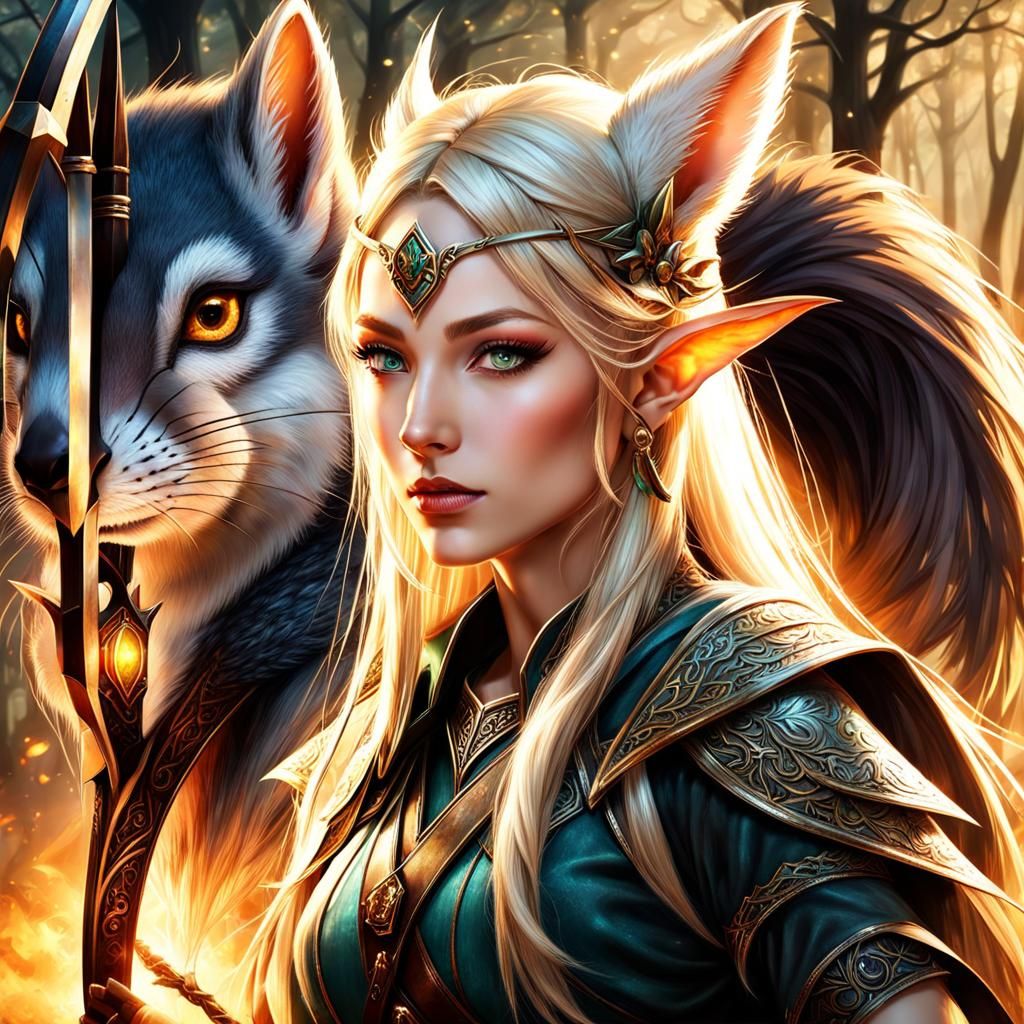 Blonde Elf Archer with Squirrel, Digital Art