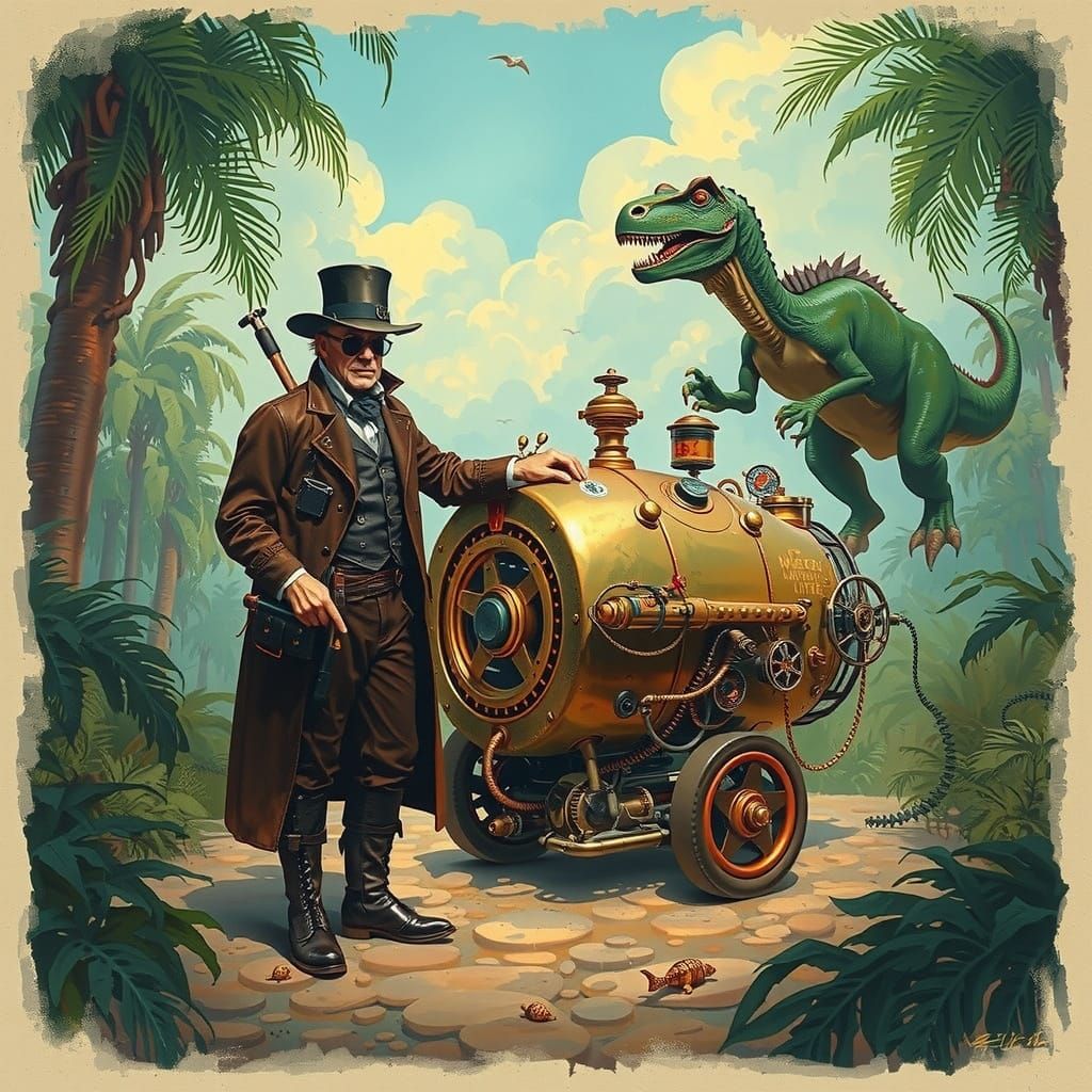 Steampunk Time Machine in Prehistoric Landscape Oil Painting