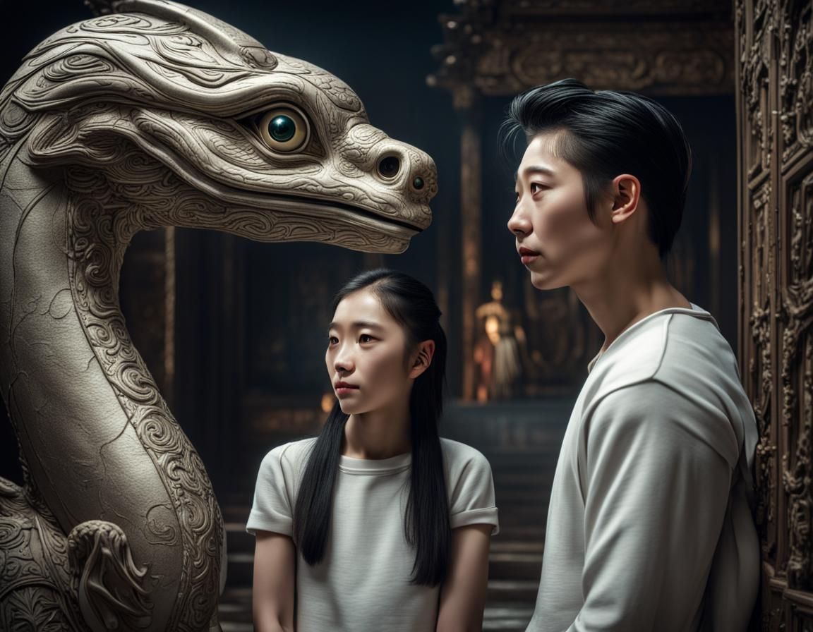 🐉🎨 Symbolic Reflections:  An Asian Couple Contemplating the Dragon's Essence at a Museum 🤔📸