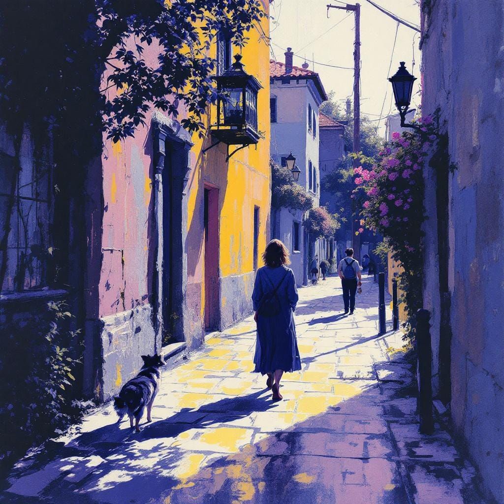 Figure Walking Down Quiet Street in Mimeograph Style