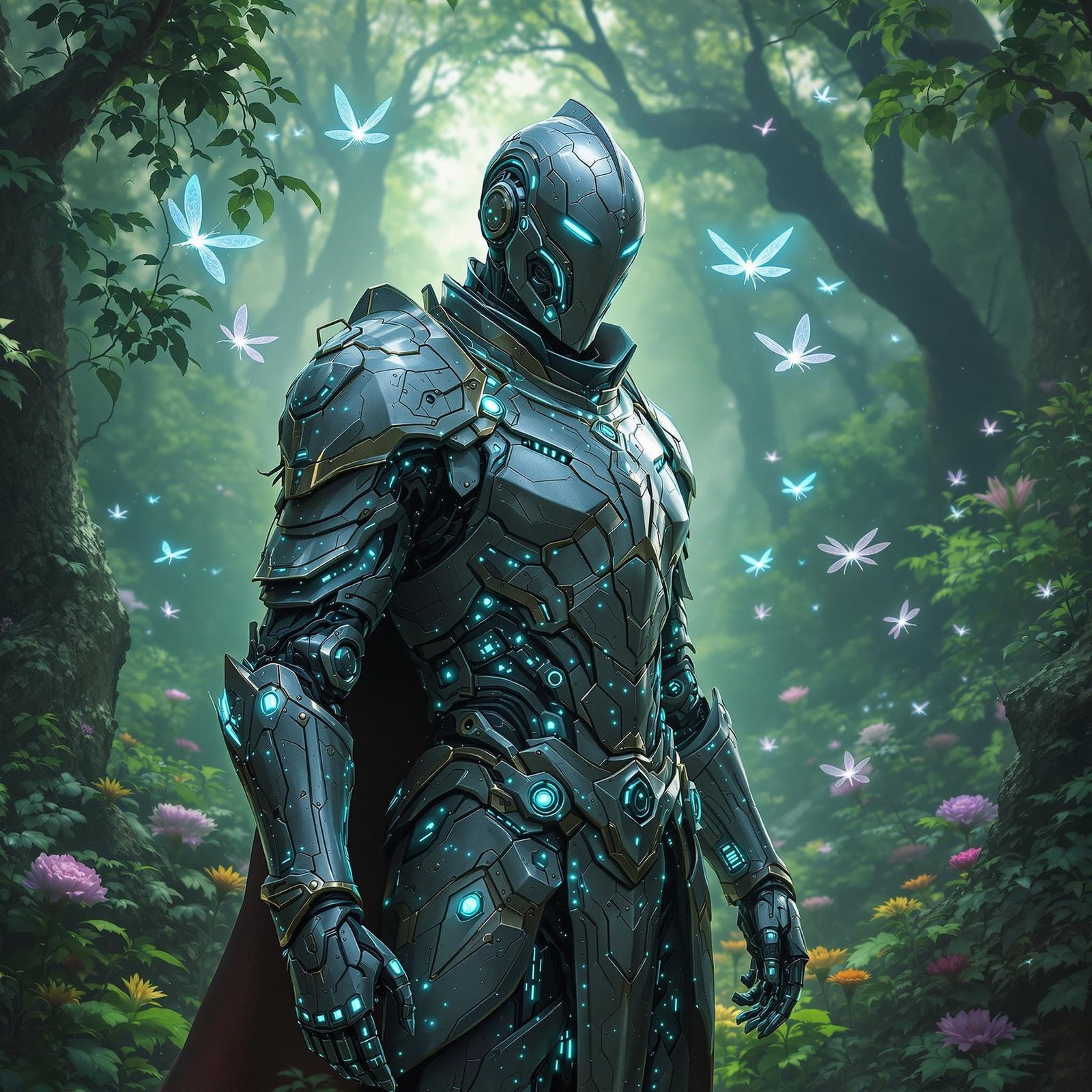 Medieval Knight in Robotic Armor Surrounded by Bioluminescen...