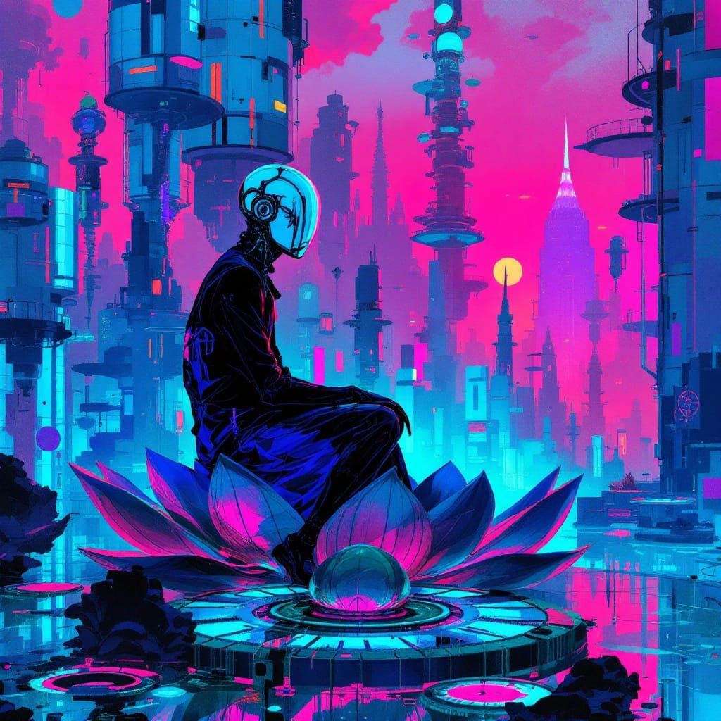 Clockwork Lotus Contemplation in Neon Dusk