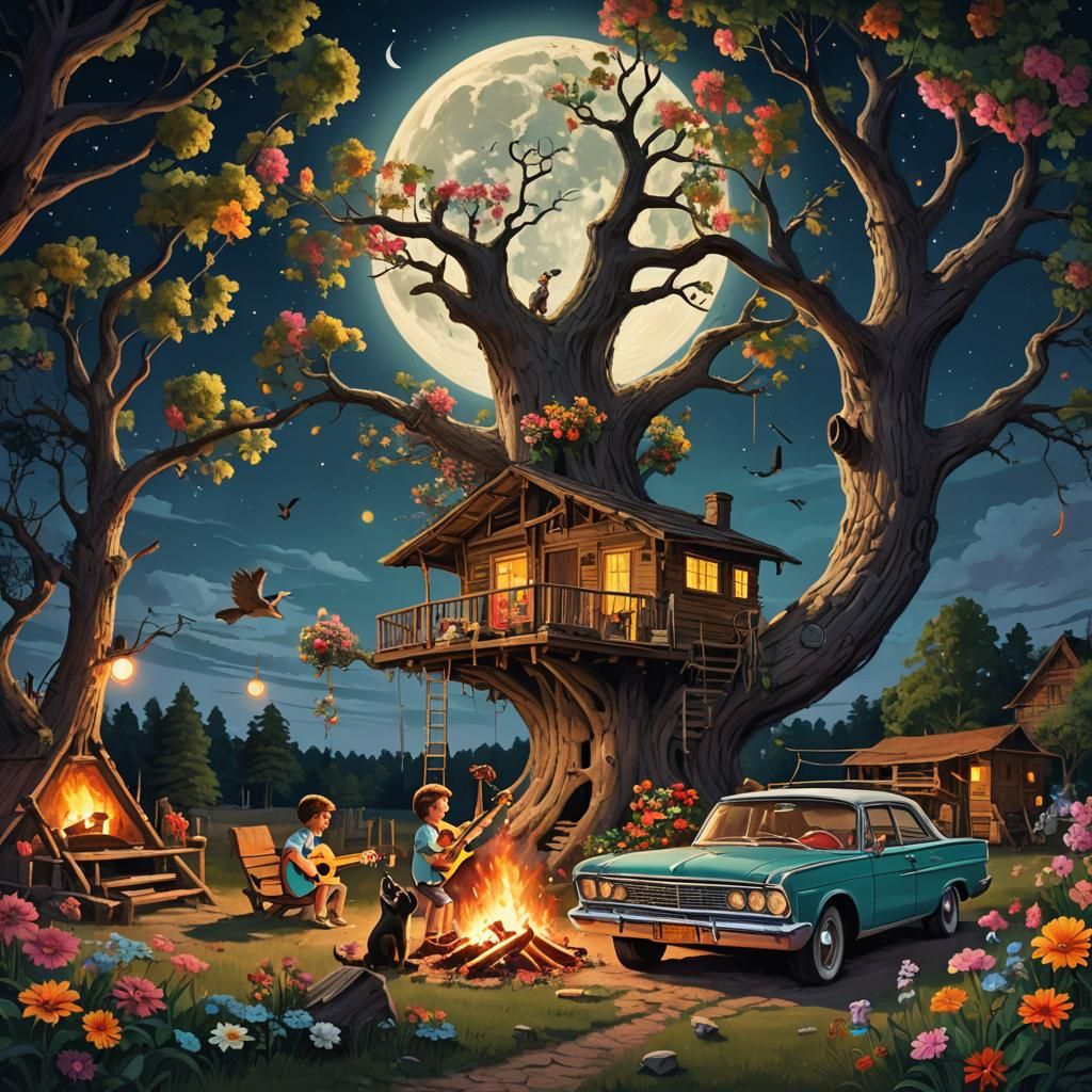 Retro 60s Treehouse Scene with Campfire at Night